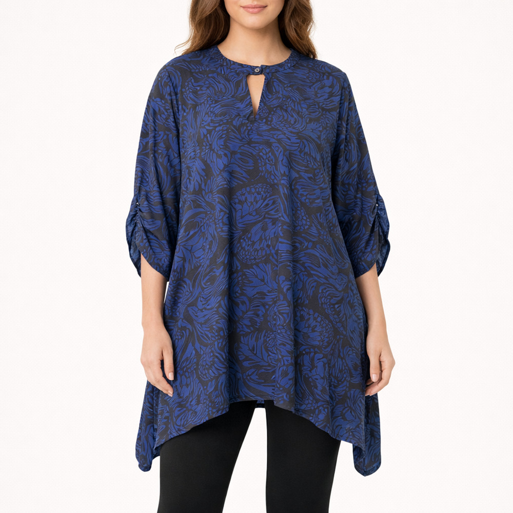 Torrid Blouse Women 14/16 XL Blue Black Floral Asymmetrical Roll Tab Office Core